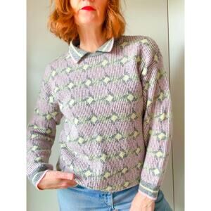 Vintage Womens Sweater size Small Oversized Geometric Print Collared Pink  80s